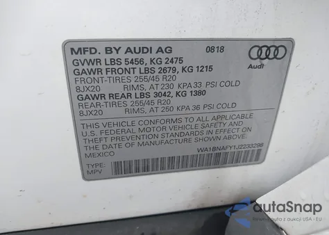 2018 Audi Q5 2.0T Premium/2.0T Tech Premium z USA, uszkodzony, nr VIN WA1BNAFY1J2233298